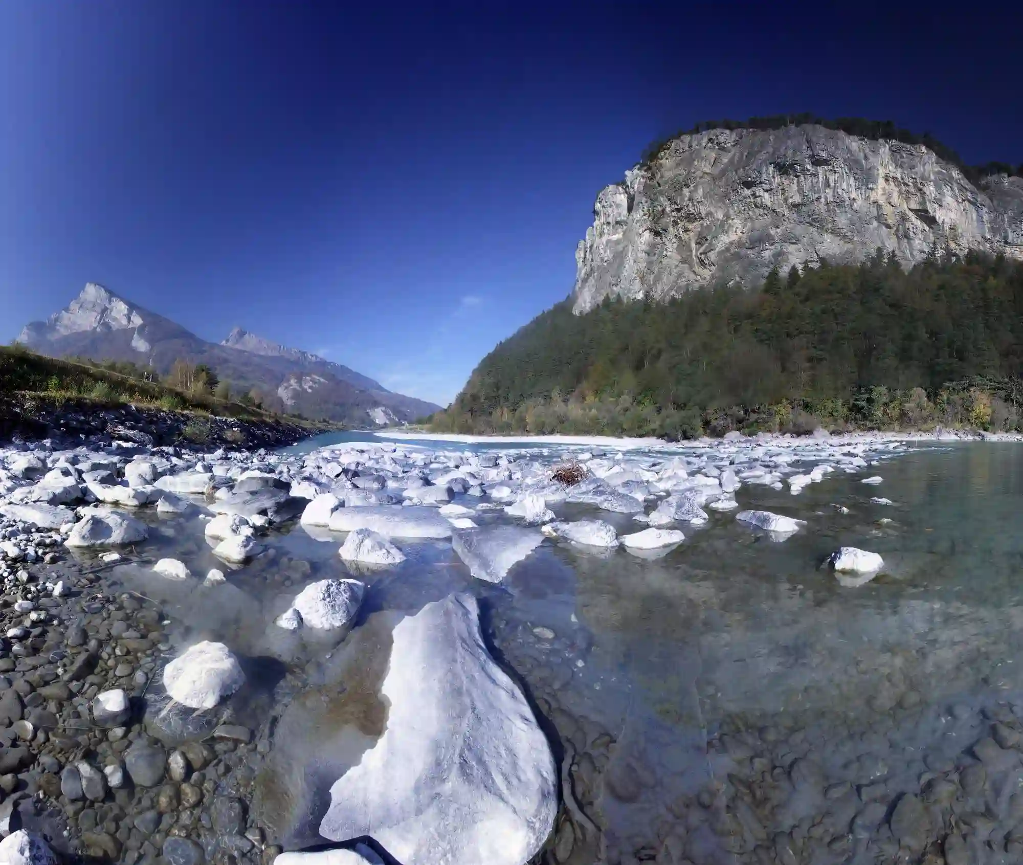 Bed of the Swiss Rhine, showing the Gonzen (CH) and Ellhorn (Liechtenstein), rock, stone, bed, river, valley, rhein, mountains, liechtenstein, alpine, ellhorn, alps, gonzen, europe, water